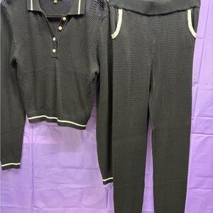 Women's Black V-Neck Knit Sweater with Contrast Trim